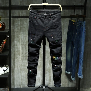 Men Slim Fit Black Jeans Fleece Lined Denim Fabric Rainbow Patch And Paint Splatter Design Streetwear Winter Warm Trousers