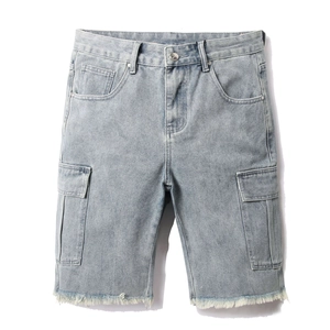 Men's light blue cargo denim shorts with large side pockets and trendy frayed hem