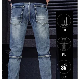 Men's slim fit distressed blue denim jeans with 3D tailoring and yellow stitching
