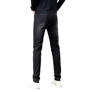 Slim fit black denim jeans for men with high elasticity and classic back pocket design
