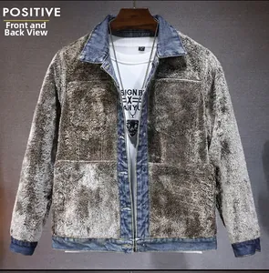 Close-up of winter denim jacket with plush faux fur lining and stylish patchwork detail