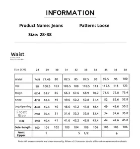 Detailed size chart for men loose fit straight leg jeans showing waist and hip measurements