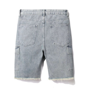 Men's light blue cargo denim shorts with frayed hems and pockets, back view presentation