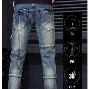 Men's slim fit light blue denim jeans with 3D tailored stitching and distressed details
