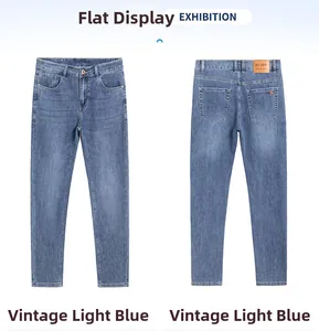 Detailed front and back view of retro light blue slim fit stretch denim jeans for men