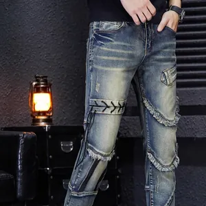 Men's slim fit distressed jeans in dark blue wash with lace-up and zipper details