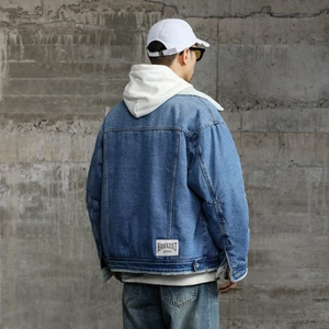 Mens winter blue denim jacket with warm white fleece lining and casual street style