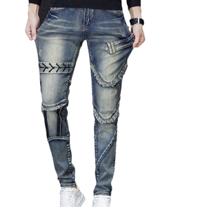 Men's slim fit distressed blue jeans with cross-lace detailing and patchwork street style