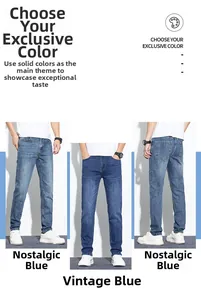 Vue en trois angles du jean slim extensible pour hommes en bleu rétro et bleu vintage