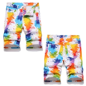 Short en Jean Homme Peinture Éclaboussée Colorée Streetwear Été Décontracté Coupe Droite Cinq Poches Imprimé Graffiti