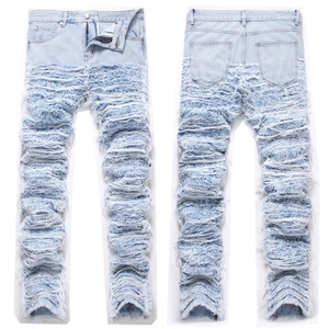 Men High Street Hip Hop Jeans Heavy Distressed Fringe Tassels Stacked Cotton Denim Pants Streetwear Vintage Light Blue