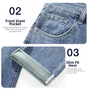 Detail of light blue denim jeans showing front slanted pockets and cuffed slim fit hems