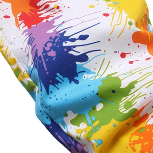 Men's summer vibrant digital print stretch denim shorts with colorful spray paint design