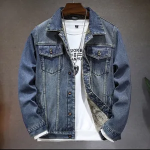 Men's retro blue denim jacket with thick beige fleece lining for winter warmth
