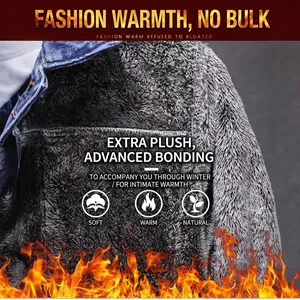 Men's winter denim jacket with thick gray fleece lining for superior warmth