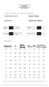 Tableau des tailles détaillé pour jeans larges bleu clair avec mesures de taille