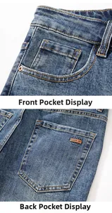 Vue détaillée du jean avec rivets renforcés et un écusson en cuir marron très tendance