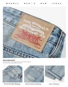 Détails de jean délavé montrant l'écusson en cuir, les poches et les ourlets finis