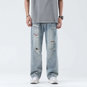 Men Light Blue Washed Ripped Jeans Loose Straight Leg Denim Pants Casual Streetwear Distressed Trousers For Men