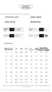 Guide des tailles pour jean large bleu homme avec détails du tissu et mensurations