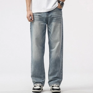 Men Loose Straight Jeans Light Blue Washed Denim Pants Vintage Streetwear Casual Daily Trouser Comfortable Cotton Blend