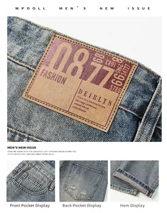 Detail of vintage blue jeans showing waist leather patch, pockets and hem stitching
