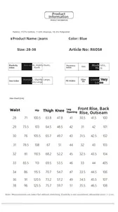Detailed size chart for retro blue wide leg jeans showing measurements from size 28 to 38