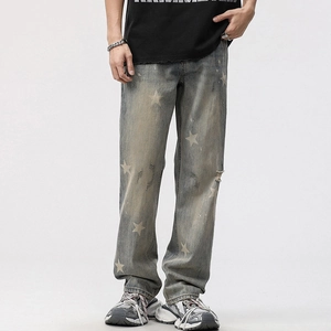 Jean Homme Retro Streetwear Délavé Imprimé Étoiles Déchiré Coupe Droite Ample Pantalon Denim Mode Hip Hop Hommes