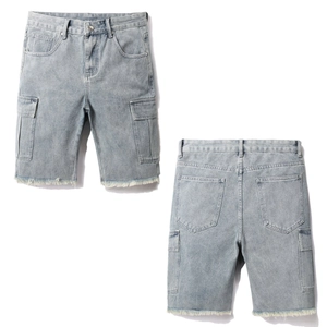 Men Loose Denim Cargo Shorts Light Blue Washed Cotton Blend Frayed Hem Multi Pockets Casual Knee Length Summer Shorts