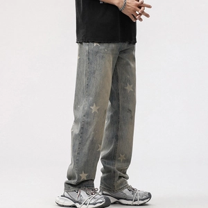 Jean vintage délavé pour homme avec imprimé étoile, coupe droite ample et style rétro