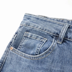 Classic slim fit light blue stretch denim jeans for men with copper rivet pockets