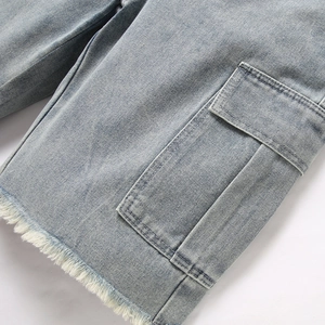 Light gray cargo denim shorts for men featuring utility pockets and trendy frayed hem