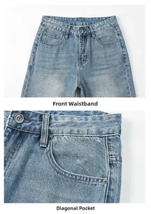 Détail du jean délavé bleu clair montrant le bouton de taille et la poche latérale