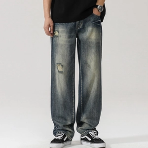 Jeans Déchirés Lavés Vintage pour Hommes Pantalons en Denim Coupe Droite Large Streetwear Polyester