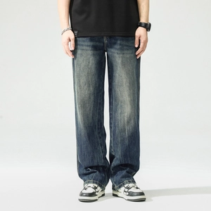 Jean Déchiré Bleu Foncé Vintage pour Hommes Lavage Intense Pantalon en Denim Coupe Droite Large Streetwear Décontracté Taille Moyenne
