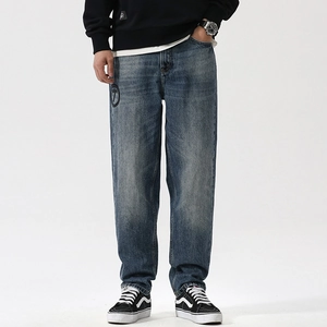 Men's Streetwear Washed Distressed Embroidered Patch Jeans Heavy Wash Loose Straight Leg Denim Pants Hip Hop Street Pants