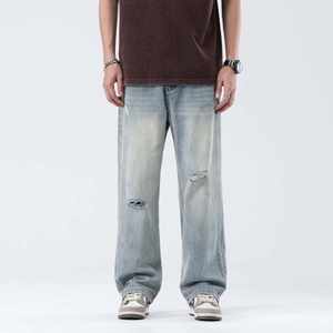 Jeans Blu Distressed da Uomo Lavaggio Pesante Retrò Gamba Larga Dritta Pantaloni Denim Streetwear Coreano Casual Baggy