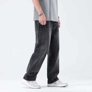 Jeans uomo a gamba larga grigio nero lavato, pantaloni in denim dal taglio dritto e ampio