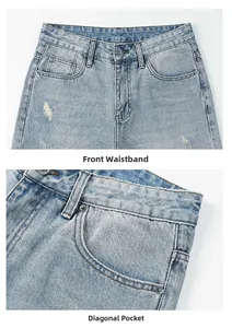 Détails d'un jean bleu clair usé montrant le bouton métallique et les poches latérales