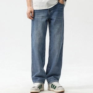 Ανδρικά Streetwear Φαρδιά Ίσια Πλυμένα Μπλε Τζιν Φαρδύ Παντελόνι Denim Casual Κορεάτικο Στυλ Μακρύ Παντελόνι