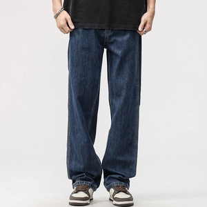 Streetwear loose straight leg jeans in vintage deep blue wash with heavy cotton texture