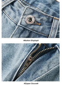 Detail von YKK-Reißverschluss und Metallknopf an hellblauen Denim-Hosen für Herren