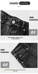 Detailansicht des Denim-Bunds mit Metallknopf und Nieten an dunkelgrauen Jeans