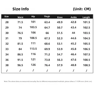 Detailed size information chart for men's wide-leg washed denim pants in cm from 28 to 38