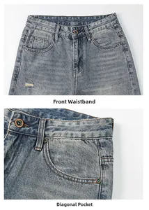 Detail of blue distressed denim jeans showing the waist closure and slanted side pocket