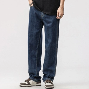 Men's Loose Straight Leg Jeans Vintage Washed Dark Blue Denim Pants With Paper Plane Embroidery Contrast Stitching Streetwear