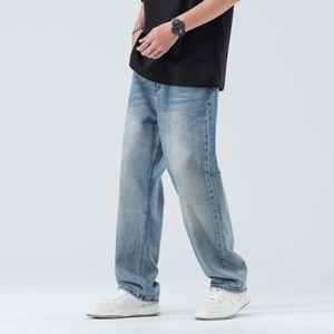 Jean Homme Ample à Jambes Larges Style Coréen Denim Délavé Bleu Clair Mélange de Coton Pantalon Casual Streetwear Homme