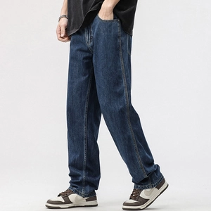 Men's loose straight-leg dark blue vintage washed jeans with yellow contrast stitching