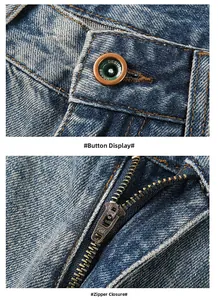 Detail of vintage button and YKK zipper on blue washed denim wide leg trousers