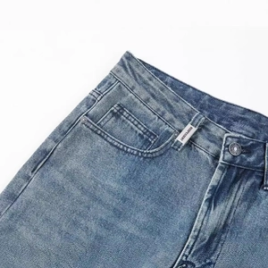 Men's loose straight-leg light blue washed denim jeans with a high-quality vintage finish